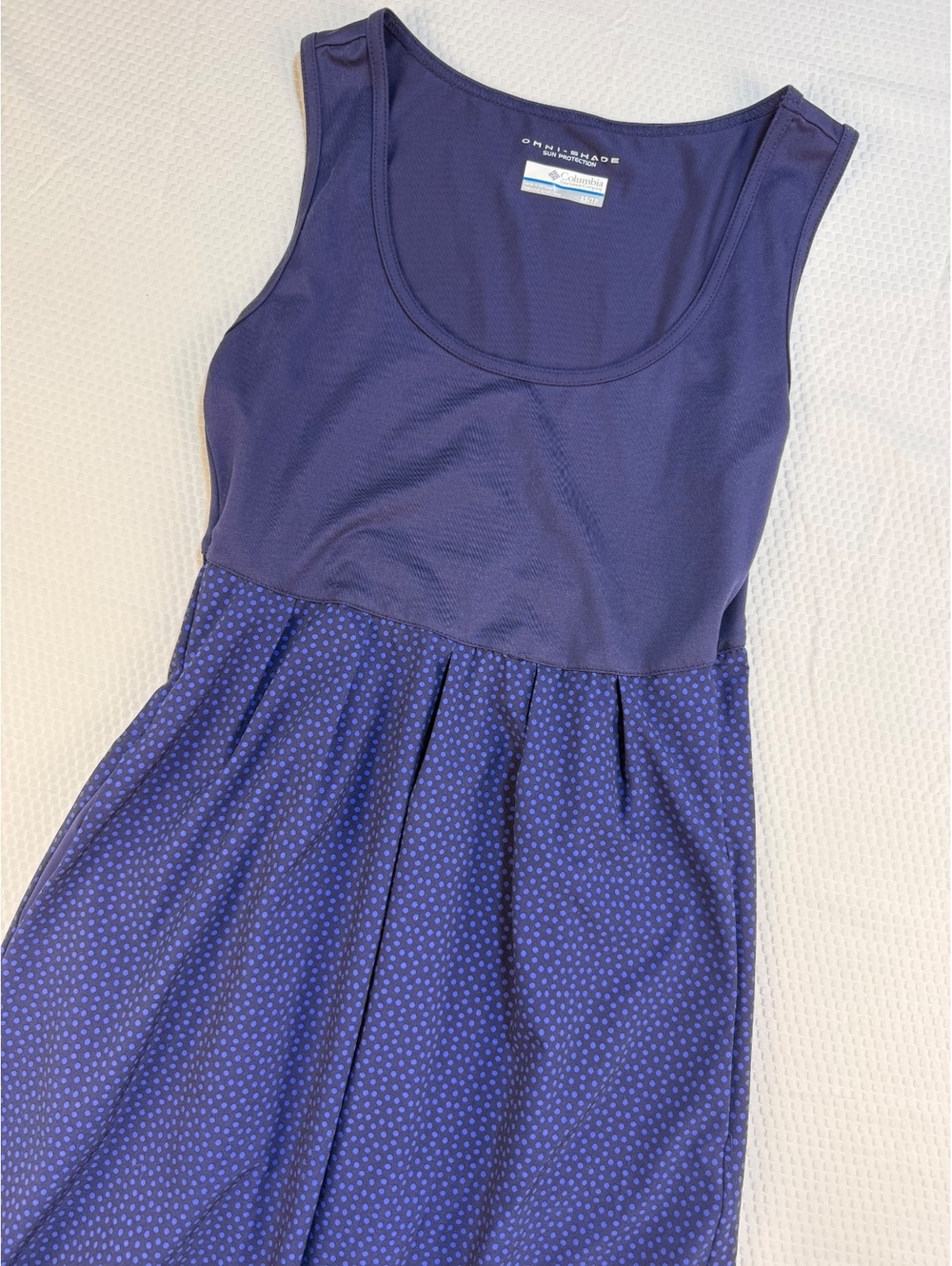 Columbia Women XS Omni-Shade Blue Polka Dot Sleeveless Dress Pockets Outdoor
